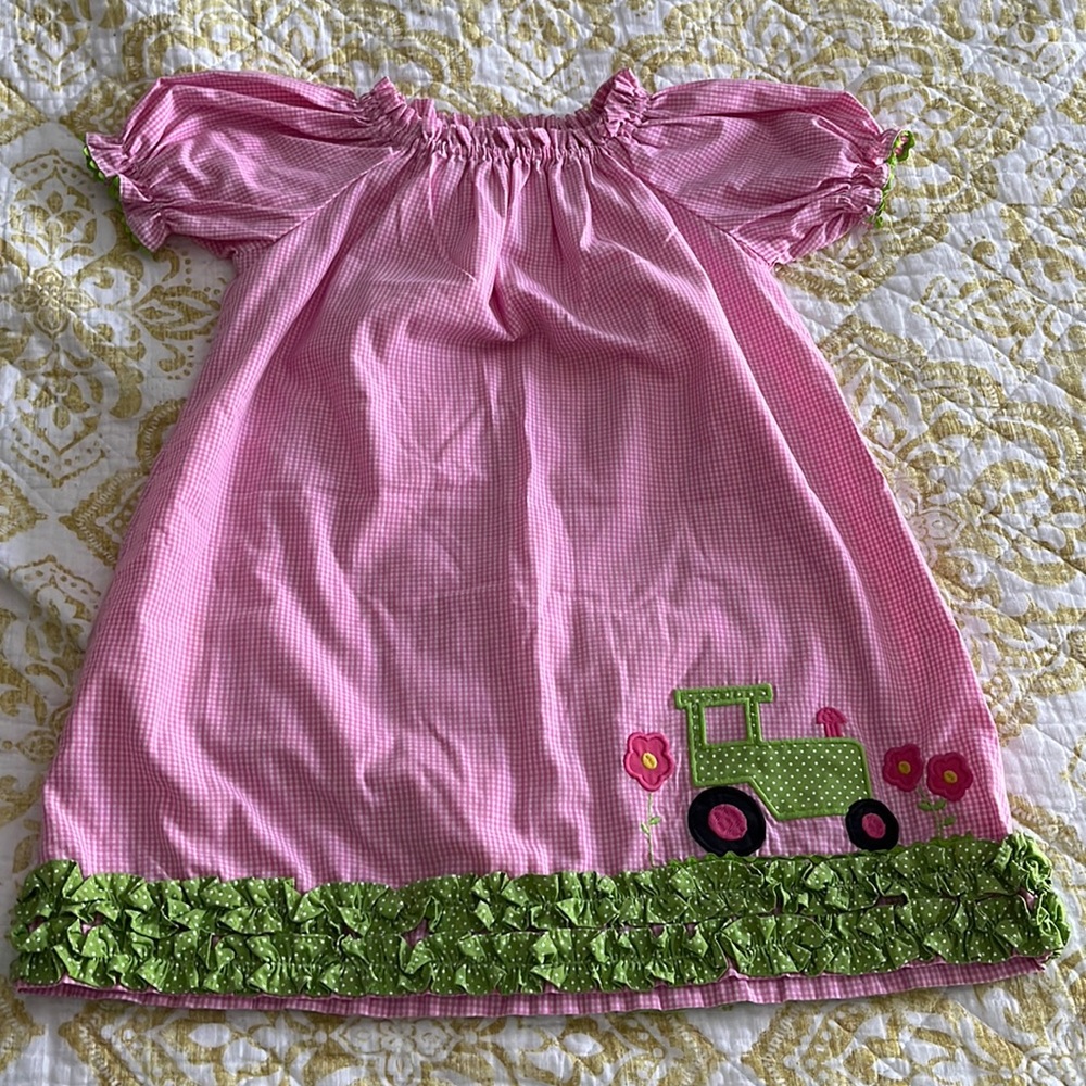 Stellybelly boutique dress, pink white check, green tractor, 4T